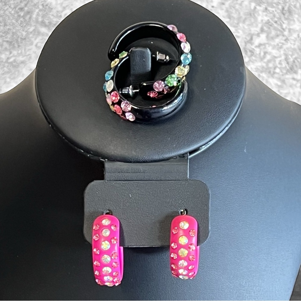 2 Pairs of 80’s Vintage Acrylic and Crystal Bling Pierced Earrings